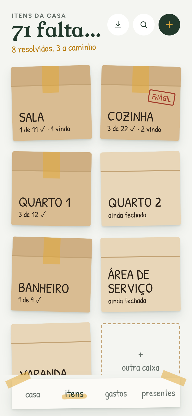 Aba Itens: cada cômodo como uma caixa de mudança, com quantos itens já estão resolvidos.